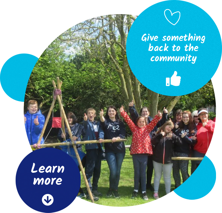 A group of teenagers with Me2 Club staff smiling and giving thumbs up signs with the text “Providing children with additional needs after school activities”