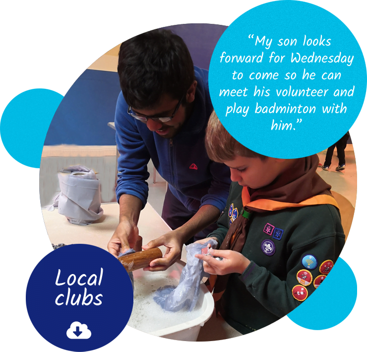 Download button for local clubs. A child and volunteer making crafts at Scouts. A quote from a Me2 Club parent reads "My son looks forward for Wednesday to come so he can meet his volunteer and play badminton with him."