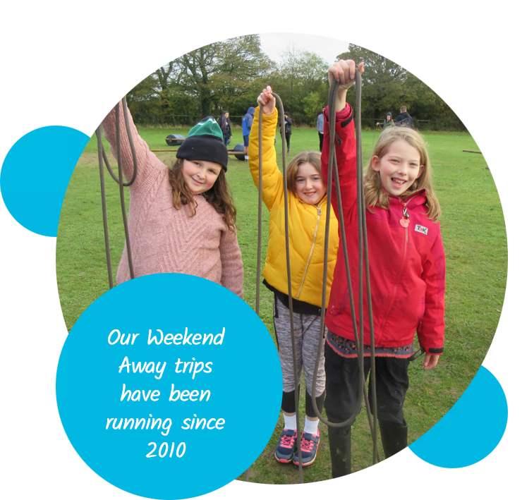 Three children holding up a long piece of rope to show the camera. The text reads "Our Weekend Away trips have been running since 2010"