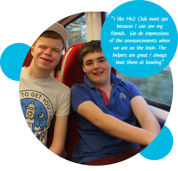 Two teenagers sitting on a train and smiling. A quote reads "I like Me2 Club meet ups because I can see my friends. We do impressions of the announcements when we are on the train. The helpers are great, I always beat them at bowling."